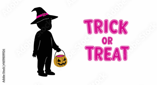 A child silhouette dressed in a Halloween costume, holding a treat bag, with Trick or Treat text beside.