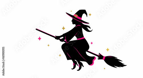 A witch riding a broomstick, soaring across the night sky, with a sense of magic and mystery.