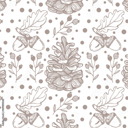 seamless pattern ,Hand drawn vector illustration, forest  pine cone and lingonberry for autumn