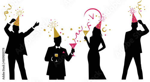 Celebrating the New Year. Silhouettes of people enjoying the new year celebrations with cocktails and party hats. 