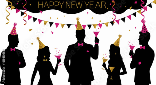 Silhouette of five people celebrating the new year with champagne