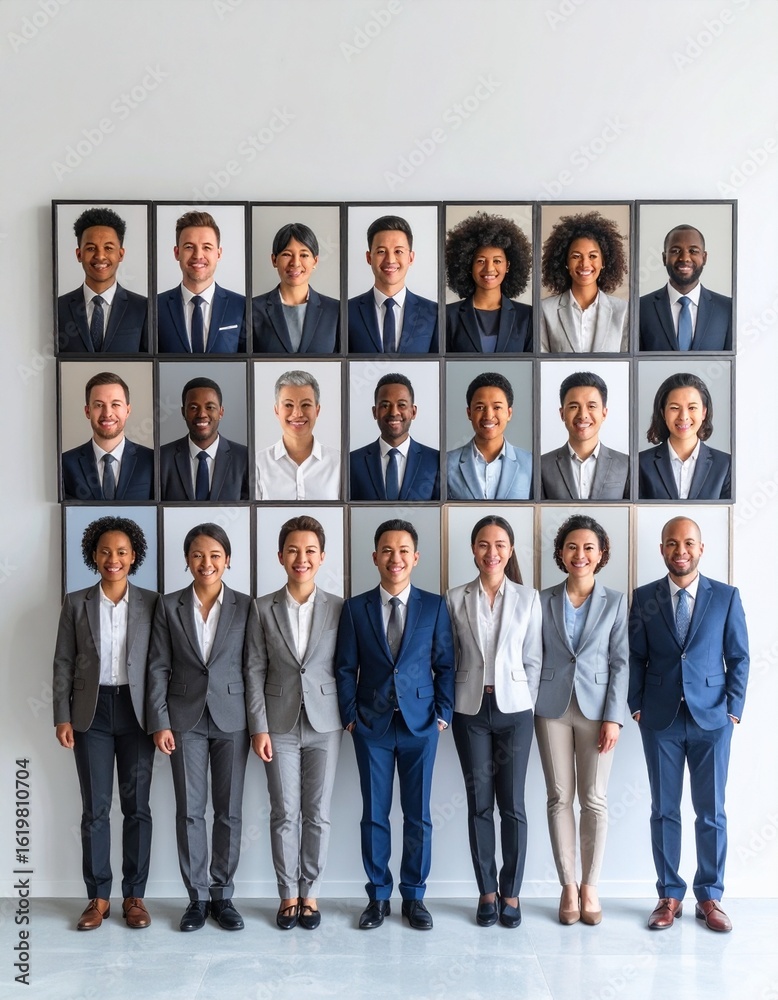 Obraz premium Framed portrait wall showcasing inclusive leadership and team diversity in a modern corporate setting.
