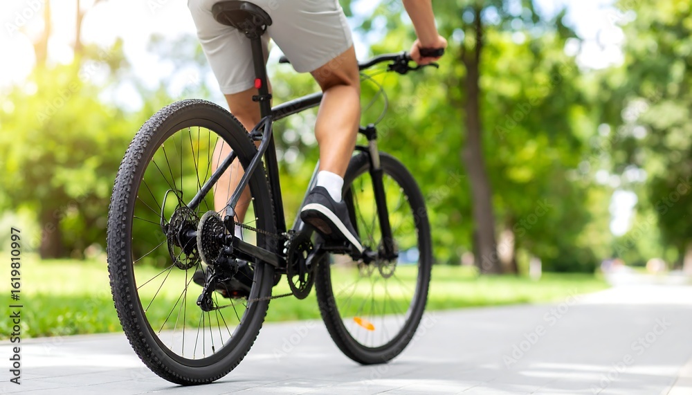 Obraz premium Cyclist enjoying a sunny ride through a lush green park on a paved path