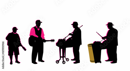 A musical band performing with diverse instruments.
