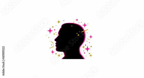 Silhouette of a human head with radiant sparkles, representing an idea or thought.