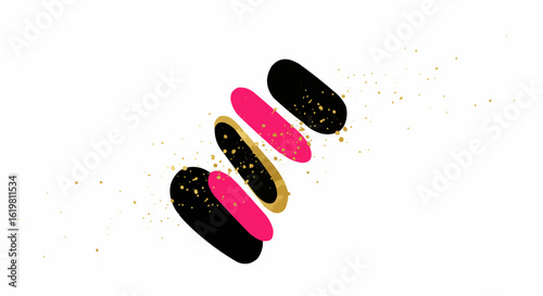 Abstract geometric arrangement with black, gold and pink, a visually appealing graphic.
