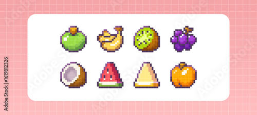 Pixel art fruit set - retro 8 bit style watermelon slice and melon, kiwi and grapes, coconut , banana bunch near apple icons. Colorful gaming food for mobile apps, indie games or digital design.
