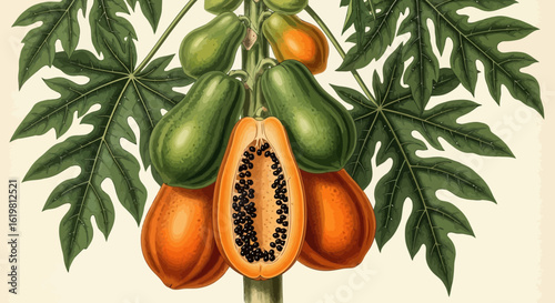 Papaya Tree with Ripe and Unripe Fruits – Botanical Vector Illustration