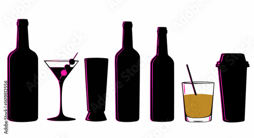Silhouette collection of various drinkware, featuring a wine bottle, cocktail glass, and shaker