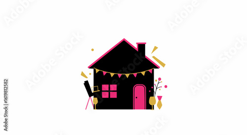 A black house with pink accents and party decorations, creating a festive and inviting scene.