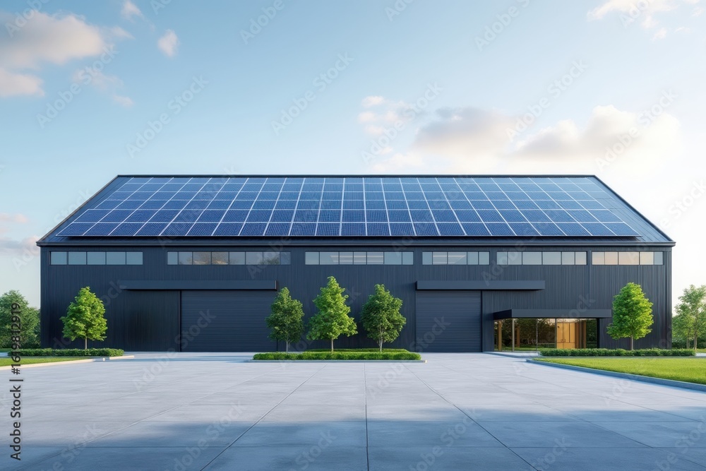 Naklejka premium Modern Warehouse Building with Solar Panels on Roof