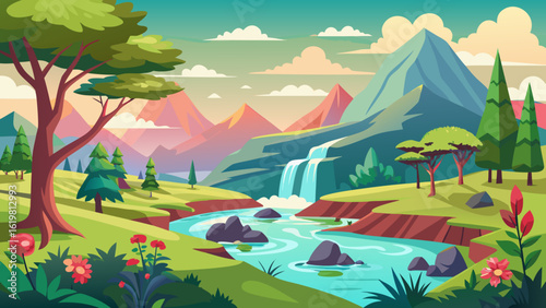 Vector art of serene cartoon landscape featuring a river, waterfall, mountains, trees, and a house at dusk