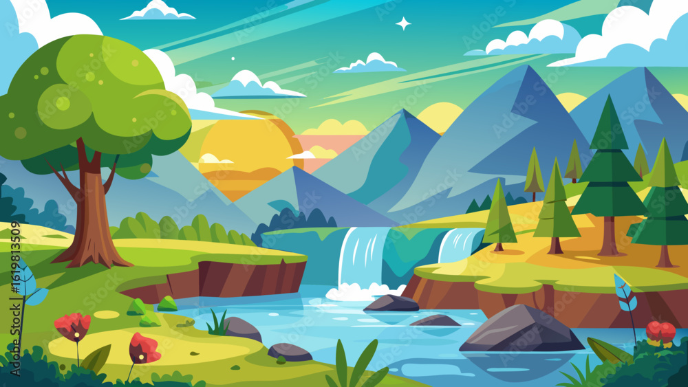 Naklejka premium Vector art of enchanting cartoon depiction of a natural landscape with mountains, a river, a waterfall, trees, and flowers under a colorful sunset sky, highlighting serene beauty