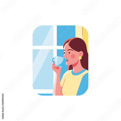 Woman drinking tea, a relaxing moment portrayed with a female figure sipping from glass teacup by window. Woman drinking tea, enjoying stillness and peacefulness, capturing essence.