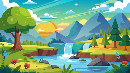 Vector art of enchanting cartoon depiction of a natural landscape with mountains, a river, a waterfall, trees, and flowers under a colorful sunset sky, highlighting serene beauty