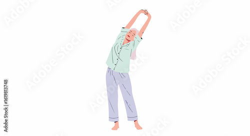 Woman stretching in pajamas during morning routine, a serene girl extending arms in nightwear for stretching. Daily stretching enhances flexibility and reduces stress for wellbeing.