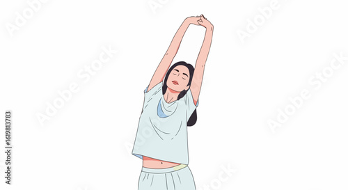Morning workout with young woman stretching in casual light colored pajama, starting her day with exercise. Morning workout improves wellbeing and physical activity, making her more flexible.
