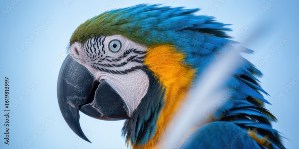 Fototapeta premium Close up of a beautiful blue and yellow macaw parrot with colorful feathers