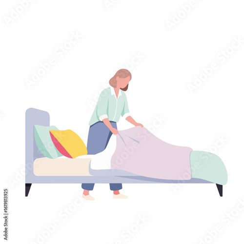 Making bed is woman's daily life, adjusting sheets neatly, light shining into bedroom. Making bed part of routine, maintaining clean, comfortable home environment.