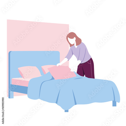 Making bed in minimalist apartment, woman tidying bedding and arranging pillows on bedstead. Making bed is a daily activity, domestic routine to tidy home interior and ensure comfort.