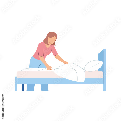 Woman making bed in morning, adjusting white sheets for fresh and cozy look, creating inviting and comfortable rest place. Making bed routine showcases straightening linen and fluffing pillows,