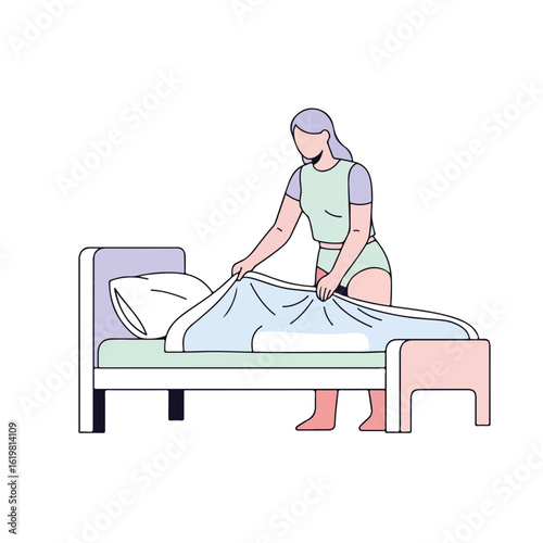 Woman making bed in comfortable home, neatly straightening sheets with pillow. Woman making bed as part of her daily routine. Enjoy feeling of comfort when woman making bed,