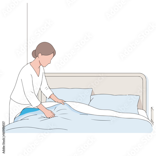 Making bed at home with woman adjusting fresh blue sheets on mattress, she's straightening covers. Adjusting fresh blue sheets creates comfort and calmness in bedroom, simple daily routine.