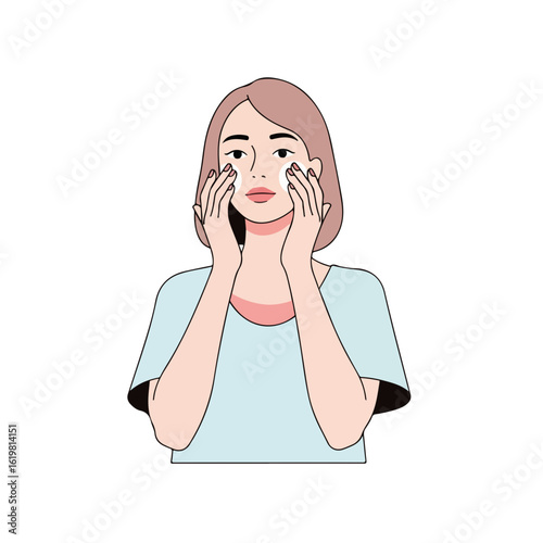 Woman using skincare routine, cleansing her face, holding cotton pads against her cheek. Skincare routine includes face cleansing with facial cleanser to refresh her skin.