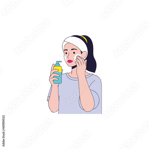 Woman washing face with cleansing foam, a vital part of daily skincare routine. Woman applying foam to cleanse skin gently using cotton pad. Beautiful woman washing face,