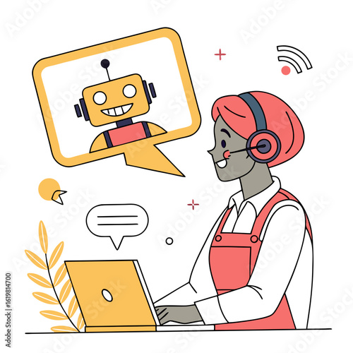 Customer service agent interacting with a friendly robot via chat