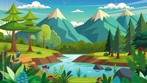 Vector art of stylized mountain range with a flowing river, evergreen trees, and rolling hills, set against a clear blue sky with scattered clouds, showcasing a picturesque natural panorama