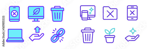 Creative icons representing digital activities such as deletion, organization, and growth in a modern workspace
