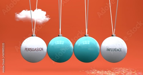 Persuasion leads to influence. Cause and effect relation between persuasion and influence. A Newton cradle metaphor in which persuasion ignites influence, sets it in motion.Can be looped.