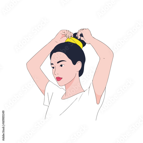 Putting hair up with a scrunchie while getting ready at home. Woman putting hair up to style for daily life, showing carefree attitude, in domestic environment, creating a casual and comfortable look.
