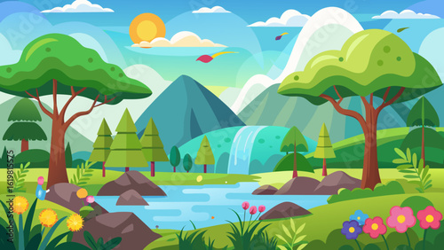 Vector art of idyllic cartoon scenery featuring rolling hills, a winding river, and distant mountains, bathed in sunlight with fluffy clouds, perfect for a peaceful natural backdrop
