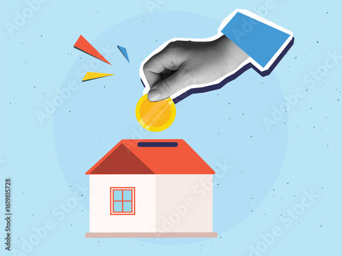 A hand puts golden coin in piggy bank in the form of a house. The concept of saving for the purchase of real estate. Modern photo collage. Vector illustration