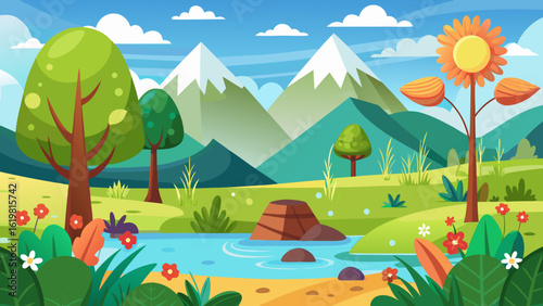 Vector art of vibrant cartoon landscape with snowcapped mountains, a winding river, lush green trees, colorful flowers, and a bright blue sky with fluffy clouds