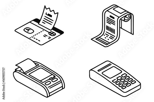 Isometric view of credit card with receipt, rolled receipt, and pos terminal in black and white style