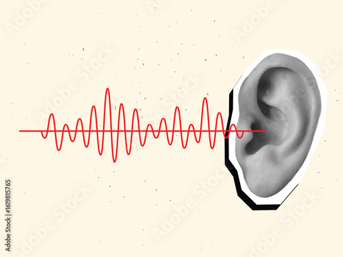 Audio wave and ear. Hearing concept. Modern collage style. Vector illustration