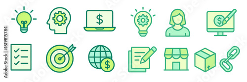 Icons representing business concepts including innovation, finance, planning, and entrepreneurship in a light green color palette