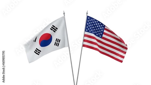 The flags of South Korea and the United States, side-by-side, likely indicating a relationship between the two countries. The flags are on poles and displayed against a white background.