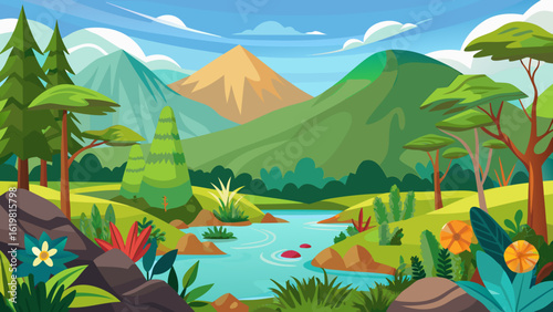 Vector art of stylized mountain range with a flowing river, diverse trees, and vibrant flora under a clear blue sky with scattered clouds