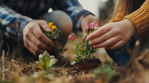 Fototapeta Naklejka Na Ścianę i Meble -  Hands planting flowers in garden, family activity, gardening hobby