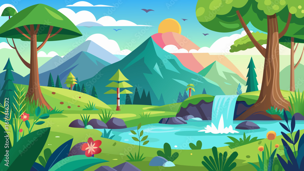 Naklejka premium Vector art of vibrant cartoon landscape with lush green trees, rolling hills, a sparkling river with a waterfall, and majestic mountains under a colorful sky with a bright sun