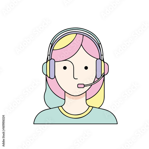 Woman with headset on light background. The customer service representative with pastel hair wearing headset for online assistance. Call center worker with headset providing support and online help.