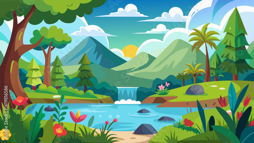 Vector art of lush cartoon landscape featuring a cascading waterfall in a river, surrounded by mountains, forests, trees, flowers, and a sunny sky with clouds