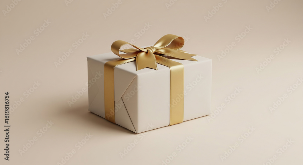Obraz premium Wrapped gift box with a clean, modern aesthetic, centered on a soft gold background