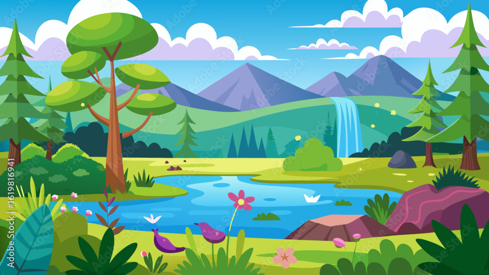 Naklejka premium Vector art of idyllic cartoon scenery featuring a tranquil river, a cascading waterfall, verdant hills, and diverse trees against a backdrop of purple mountains and a blue sky