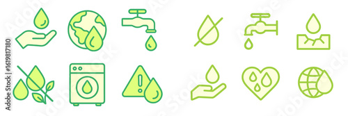 Icons representing water conservation, sustainability, and environmental protection awareness, emphasizing the importance of resource management
