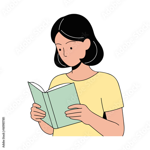 Reading book in her hands, woman is immersed in story on white background. Book reading creates a relaxing moment, focus on narrative makes her forget everyday troubles.